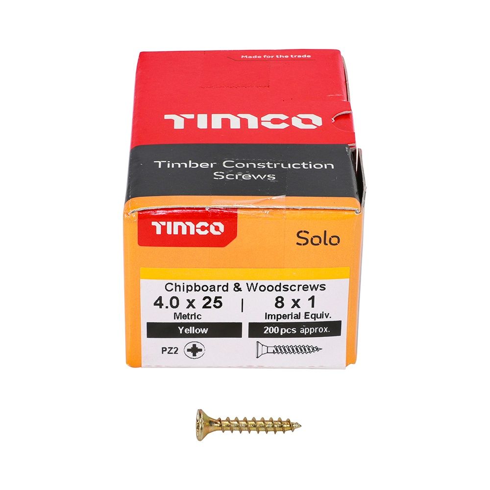 Timco Solo Chipboard &amp; Woodscrews - PZ - Double Countersunk - Yellow 4.0 x 25 40025SOLOC