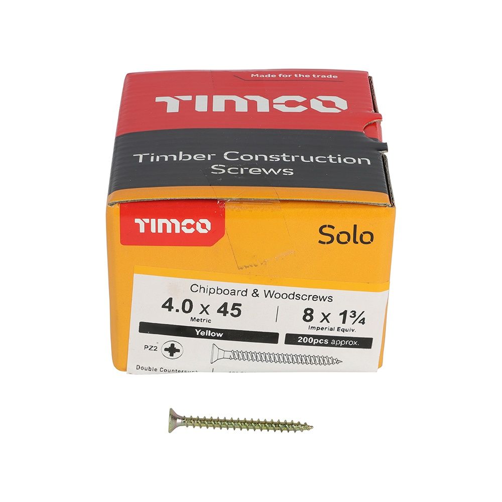 Timco Solo Chipboard &amp; Woodscrews - PZ - Double Countersunk - Yellow 4.0 x 45 40045SOLOC
