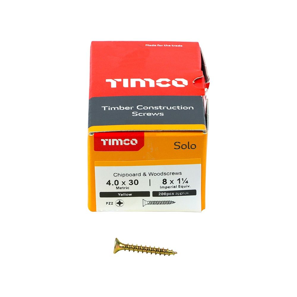 Timco Solo Chipboard &amp; Woodscrews - PZ - Double Countersunk - Yellow 4.0 x 30 40030SOLOC