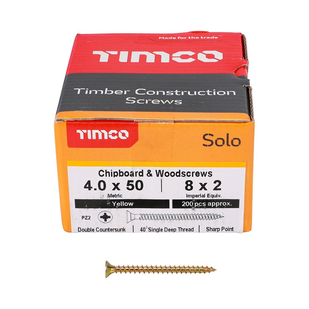 Timco Solo Chipboard &amp; Woodscrews - PZ - Double Countersunk - Yellow 4.0 x 50 40050SOLOC