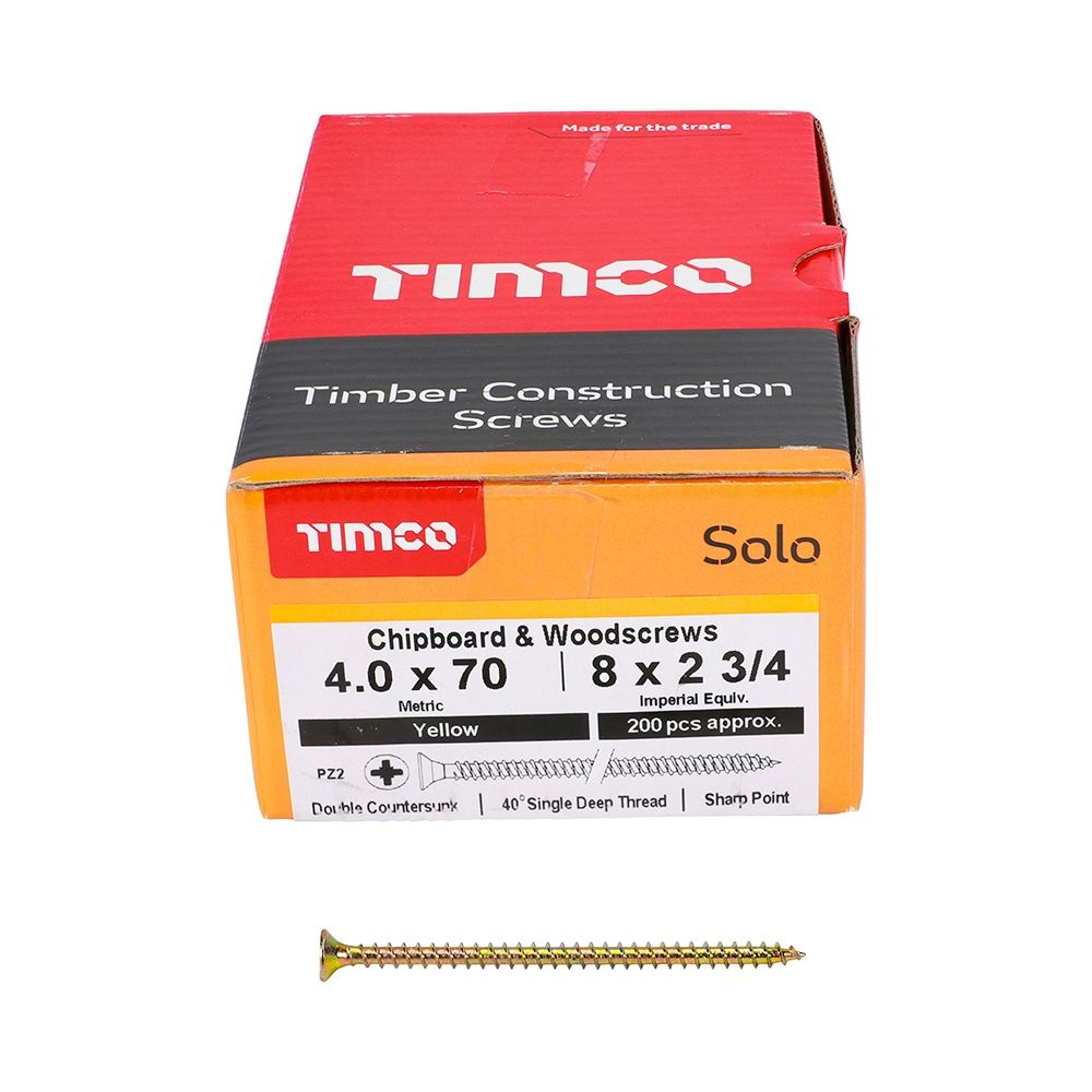Timco Solo Chipboard &amp; Woodscrews - PZ - Double Countersunk - Yellow 4.0 x 70 40070SOLOC