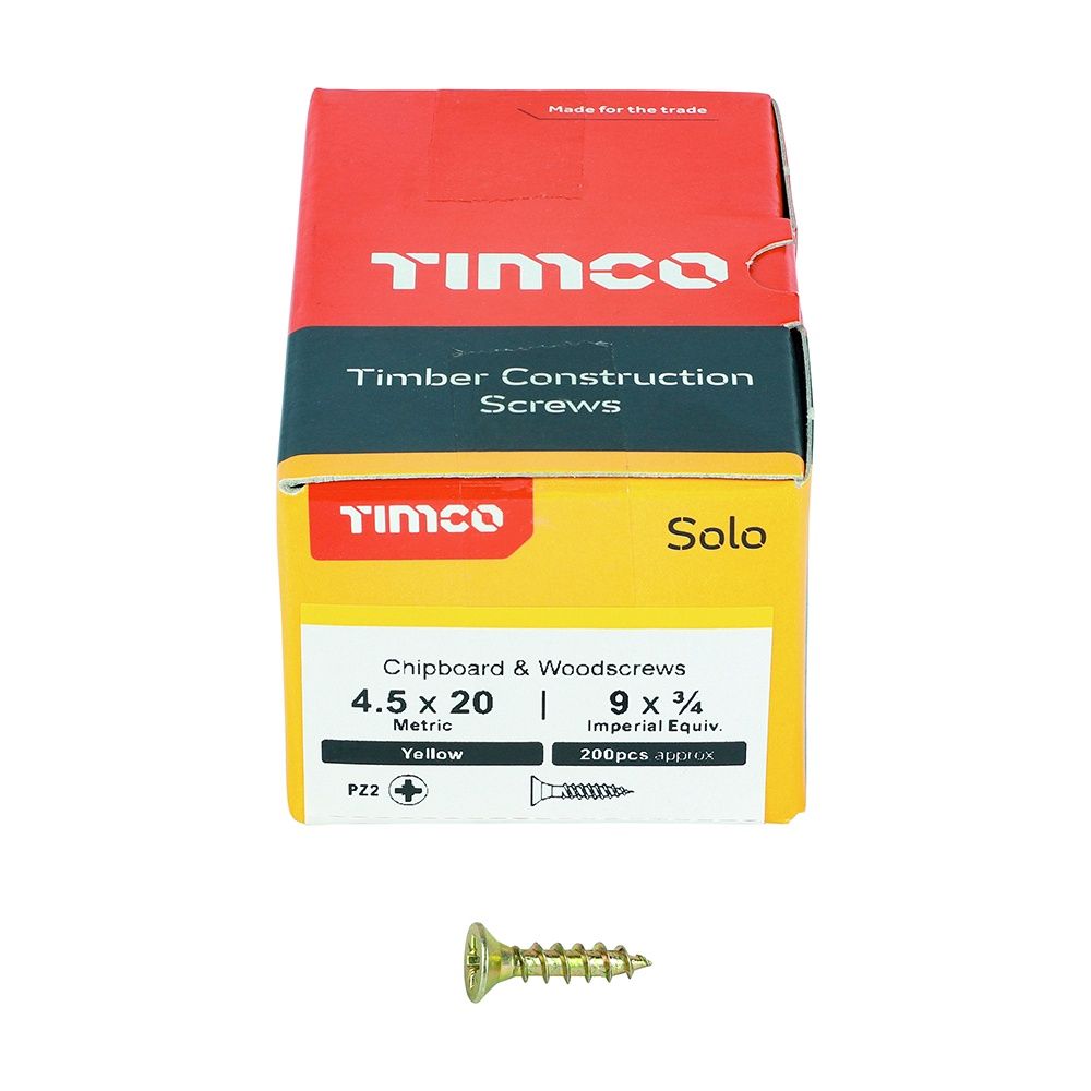 Timco Solo Chipboard &amp; Woodscrews - PZ - Double Countersunk - Yellow 4.5 x 20 45020SOLOC