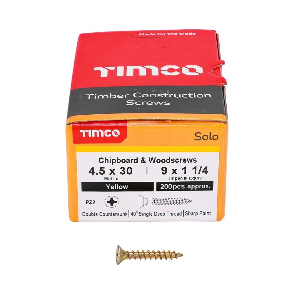 Timco Solo Chipboard &amp; Woodscrews - PZ - Double Countersunk - Yellow 4.5 x 30 45030SOLOC