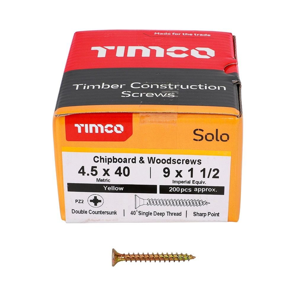 Timco Solo Chipboard &amp; Woodscrews - PZ - Double Countersunk - Yellow 4.5 x 40 45040SOLOC