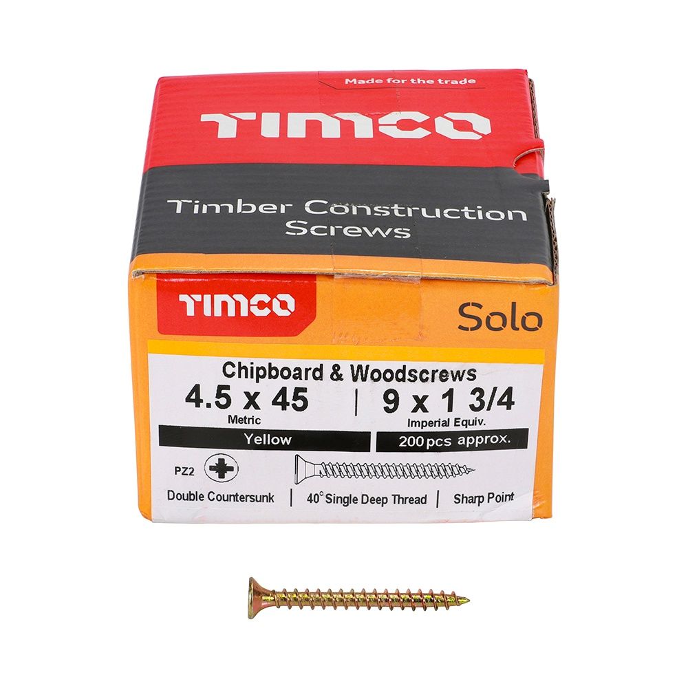 Timco Solo Chipboard &amp; Woodscrews - PZ - Double Countersunk - Yellow 4.5 x 45 45045SOLOC