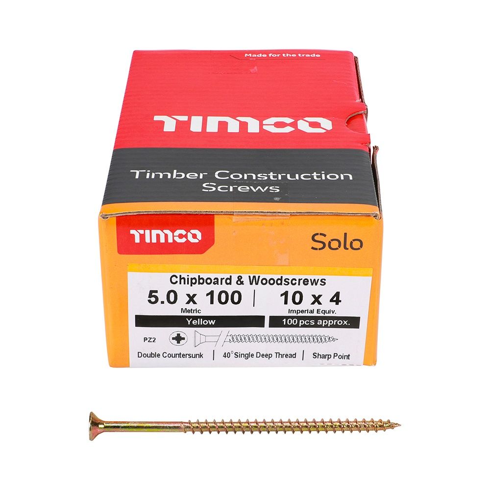 Timco Solo Chipboard &amp; Woodscrews - PZ - Double Countersunk - Yellow 5.0 x 100 50100SOLOC