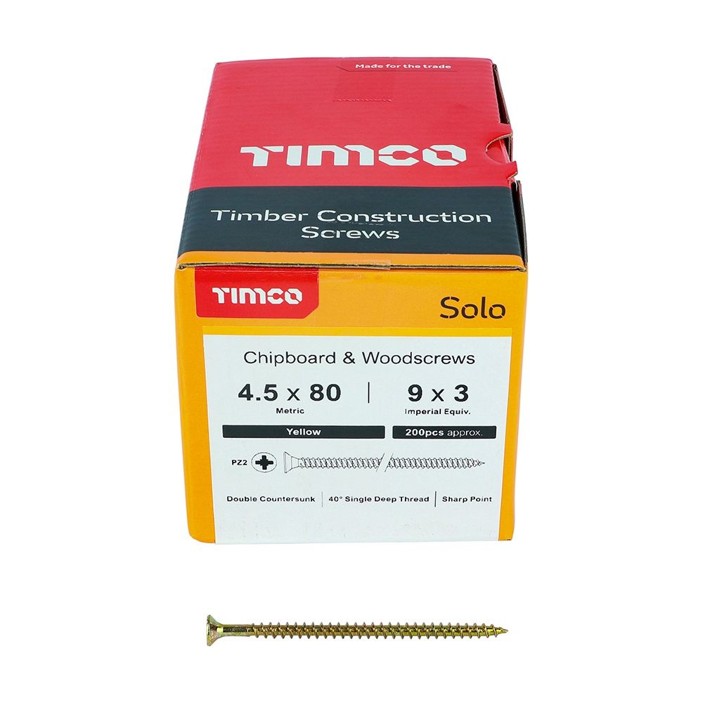 Timco Solo Chipboard & Woodscrews - PZ - Double Countersunk - Yellow 4.5 x 80 45080SOLOC