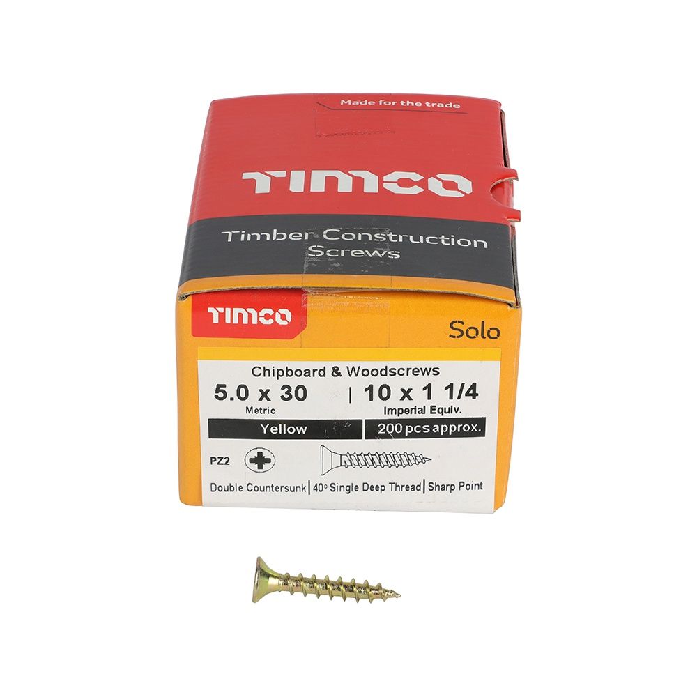 TIMCO Solo Chipboard &amp; Woodscrews - PZ - Double Countersunk - Yellow 5.0 x 30 50030SOLOC