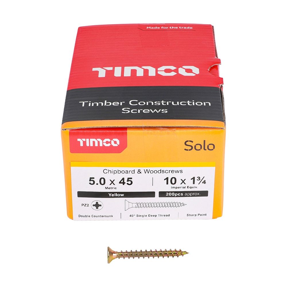 TIMCO Solo Chipboard &amp; Woodscrews - PZ - Double Countersunk - Yellow 5.0 x 45 50045SOLOC