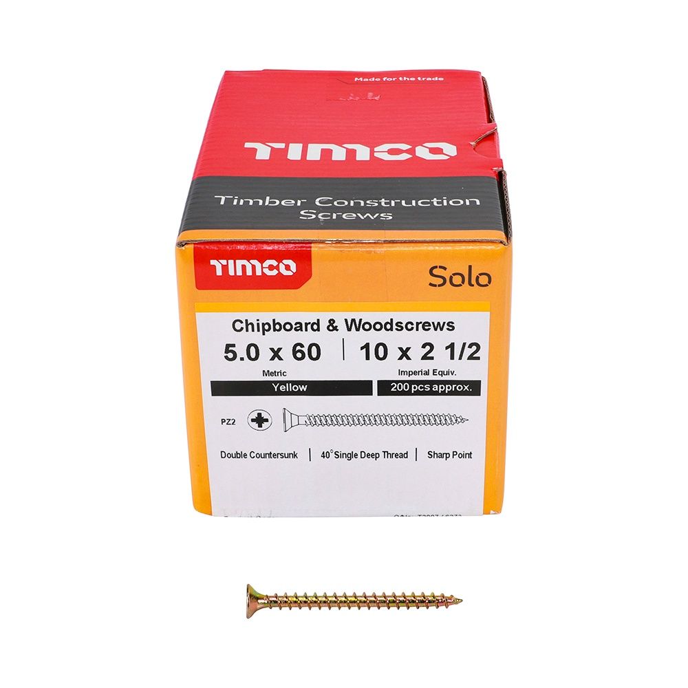 Timco Solo Chipboard &amp; Woodscrews - PZ - Double Countersunk - Yellow 5.0 x 60 50060SOLOC