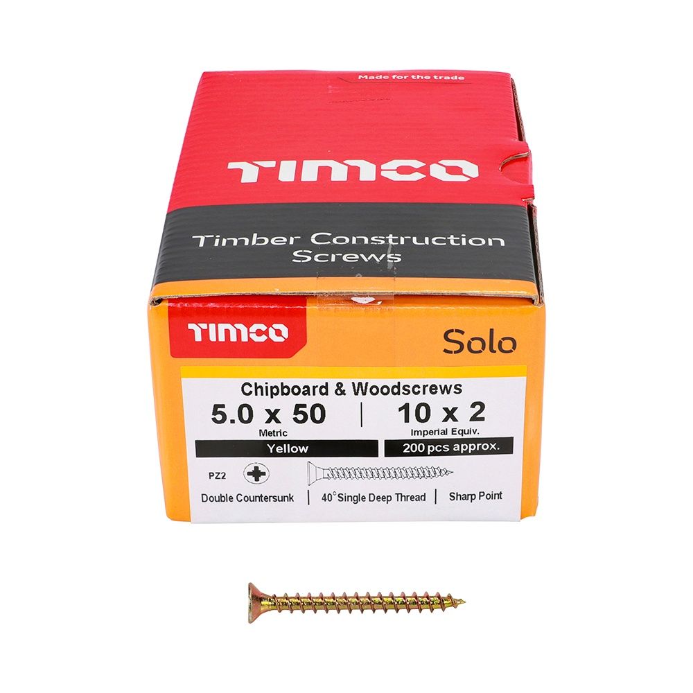 TIMCO Solo Chipboard &amp; Woodscrews - PZ - Double Countersunk - Yellow 5.0 x 50 50050SOLOC
