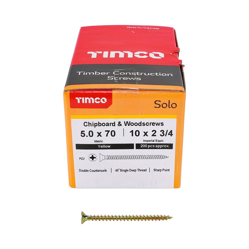 Timco Solo Chipboard &amp; Woodscrews - PZ - Double Countersunk - Yellow 5.0 x 70 50070SOLOC