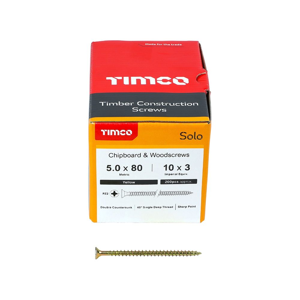 Timco Solo Chipboard &amp; Woodscrews - PZ - Double Countersunk - Yellow 5.0 x 80 50080SOLOC