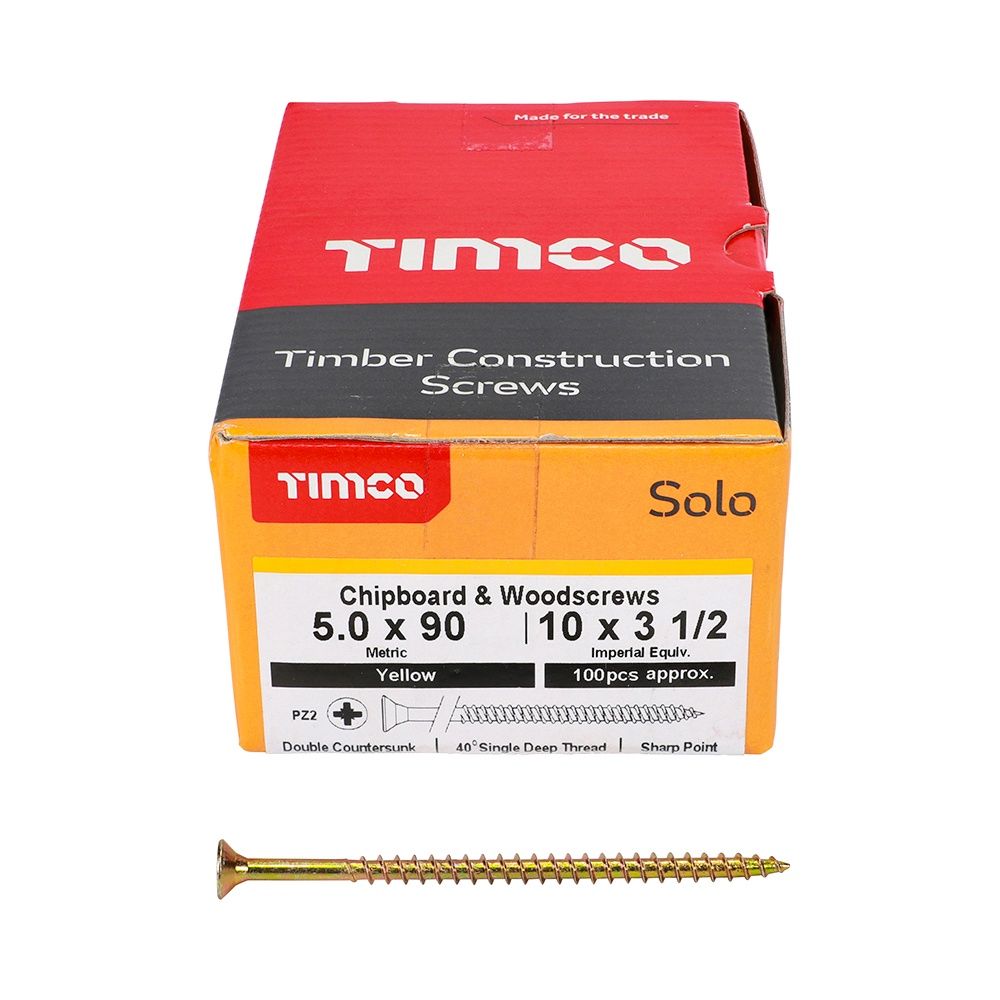 Timco Solo Chipboard &amp; Woodscrews - PZ - Double Countersunk - Yellow 5.0 x 90 50090SOLOC