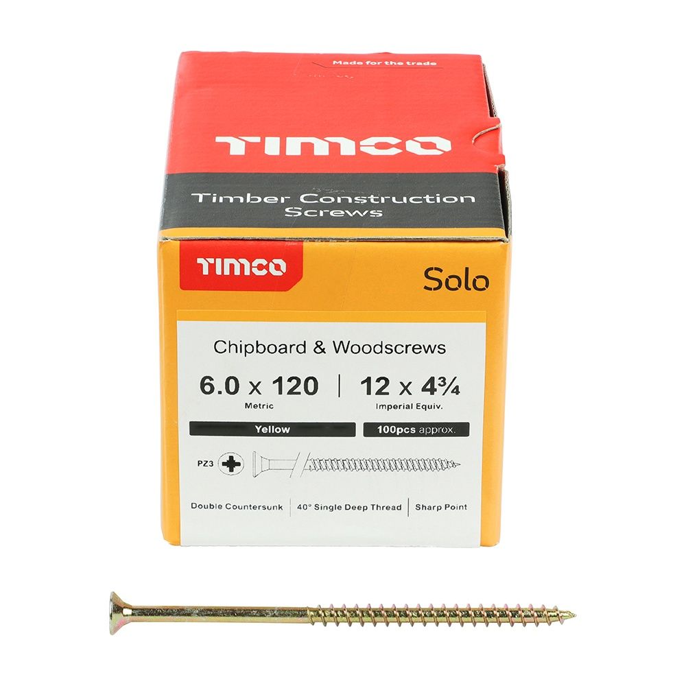 Timco Solo Chipboard &amp; Woodscrews - PZ - Double Countersunk - Yellow 6.0 x 120 60120SOLOC