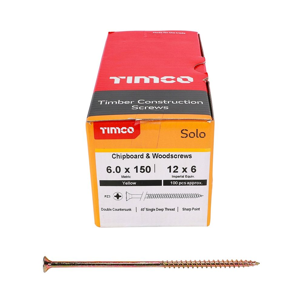 Timco Solo Chipboard &amp; Woodscrews - PZ - Double Countersunk - Yellow 6.0 x 150 60150SOLOC