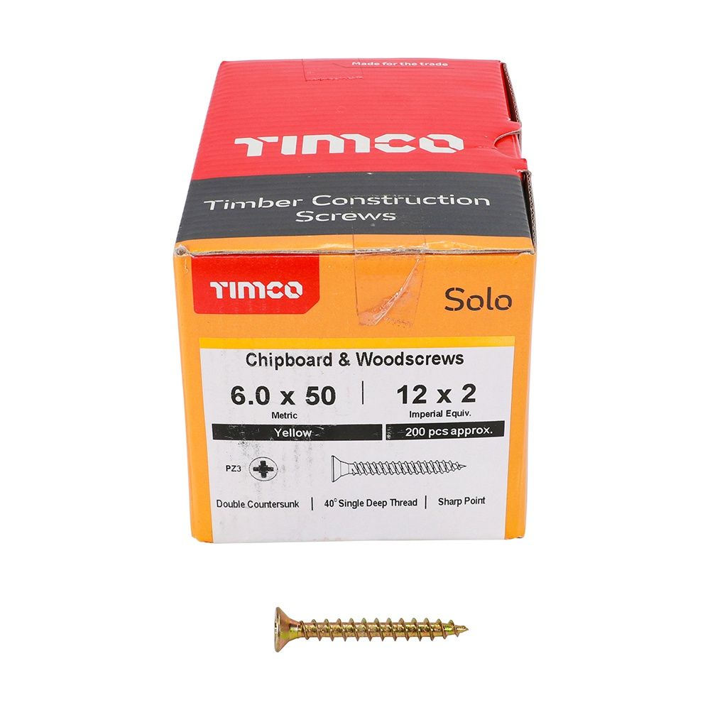 Timco Solo Chipboard &amp; Woodscrews - PZ - Double Countersunk - Yellow 6.0 x 50 60050SOLOC