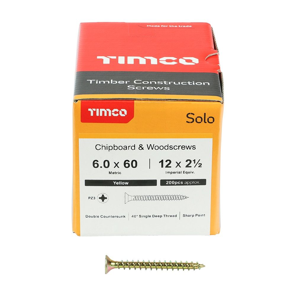Timco Solo Chipboard &amp; Woodscrews - PZ - Double Countersunk - Yellow 6.0 x 60 60060SOLOC