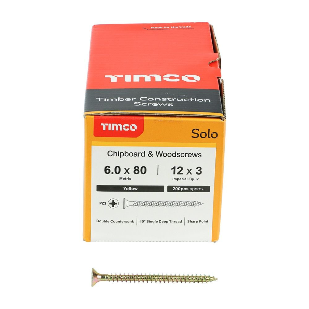 Timco Solo Chipboard &amp; Woodscrews - PZ - Double Countersunk - Yellow 6.0 x 80 60080SOLOC