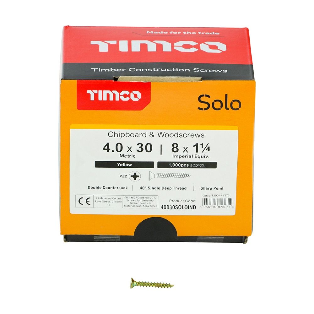 Timco Solo Chipboard &amp; Woodscrews - Industry Pack - PZ - Double Countersunk - Yellow 4.0 x 30 40030SOLOIND