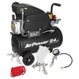 Sealey 24L Direct Drive Air Compressor 2hp with 4pc Air Accessory Kit SAC2420APK