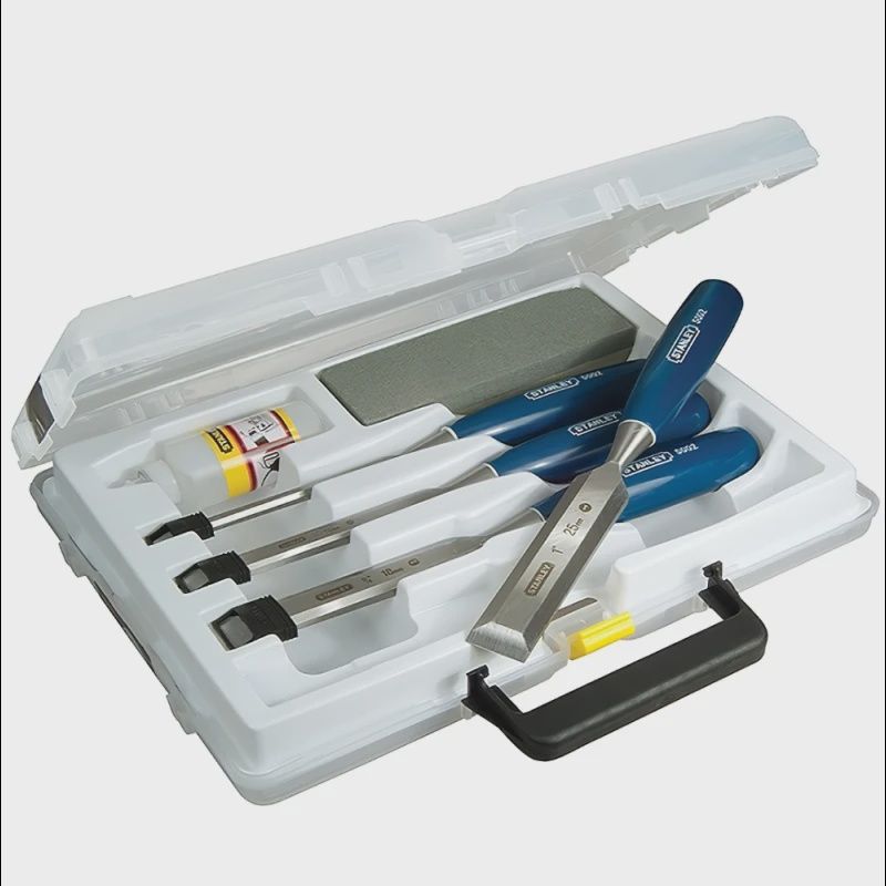 Stanley 5002 Bevel Edge Chisel Set 4 Piece &amp; Oilstone STA016130