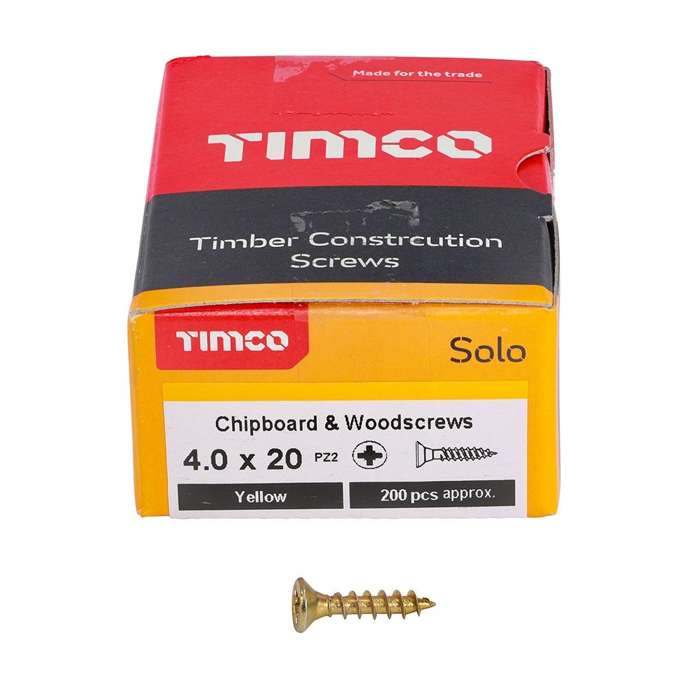 Timco Solo Chipboard &amp; Woodscrews - PZ - Double Countersunk - Yellow 4.0 x 20 40020SOLOC