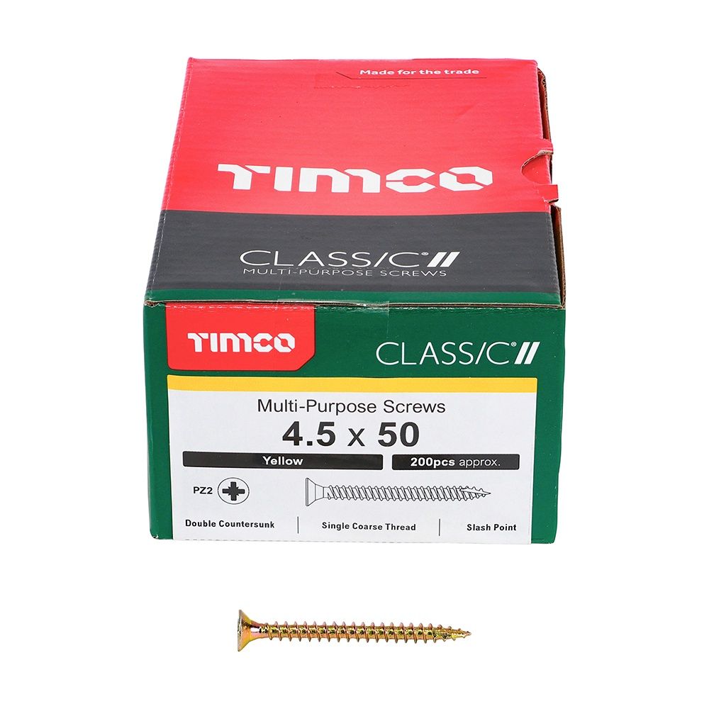 Timco 4.5 x 50mm Classic Multi-Purpose Screws Countsunk Head Yellow (200/Box) 45050CLAF