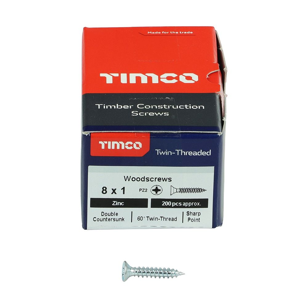 Timco 8 x 1" Twin Threaded Woodscrews Countsunk Head Zinc (200/Box) 00081CWZ