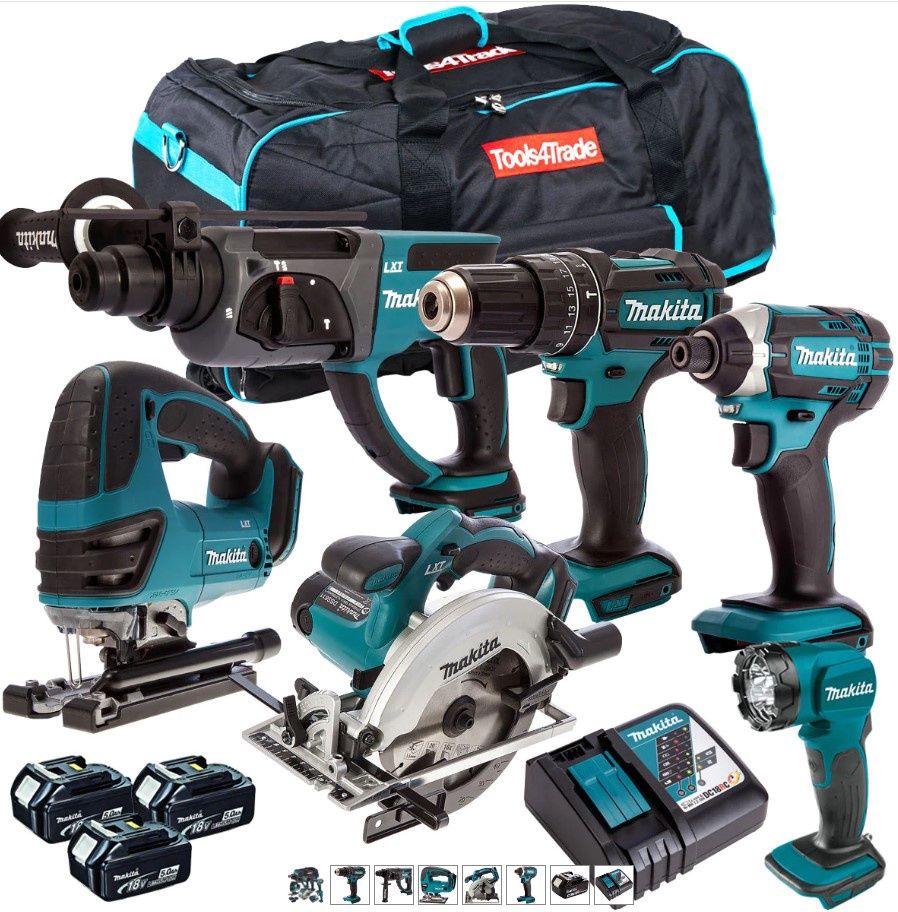 Makita 18V 6 Piece Cordless Power Tool Kit with 3 x 5.0Ah Battery Charger & Bag T4TKIT-225