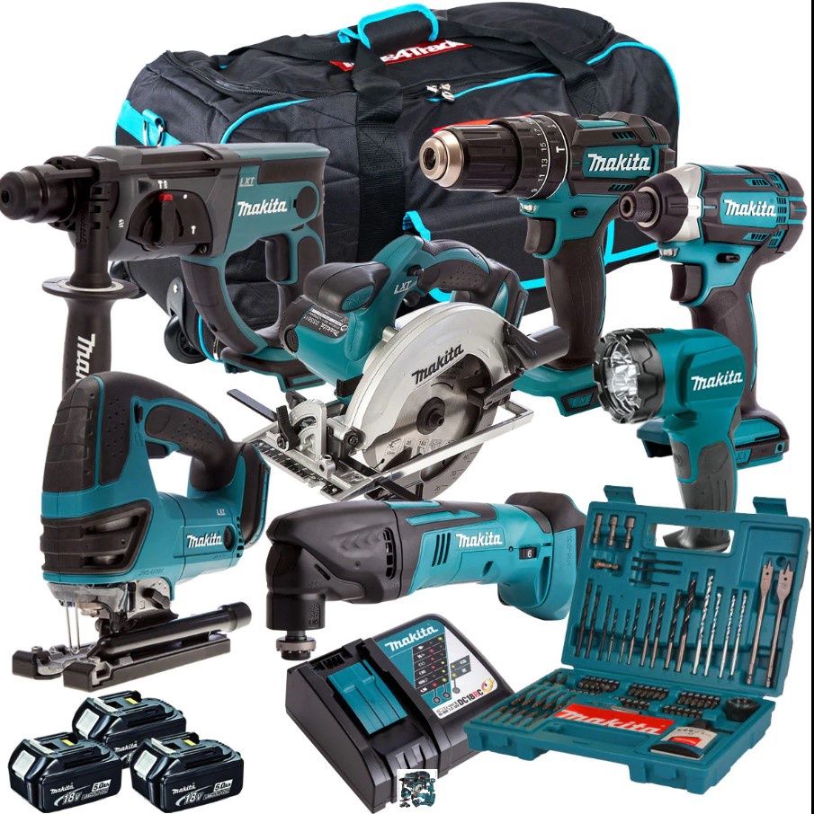 Makita 18V 7 Piece Power Tool Kit with 3 x 5.0Ah Battery Charger Bag & 100 Piece Bit Set T4TKIT-610