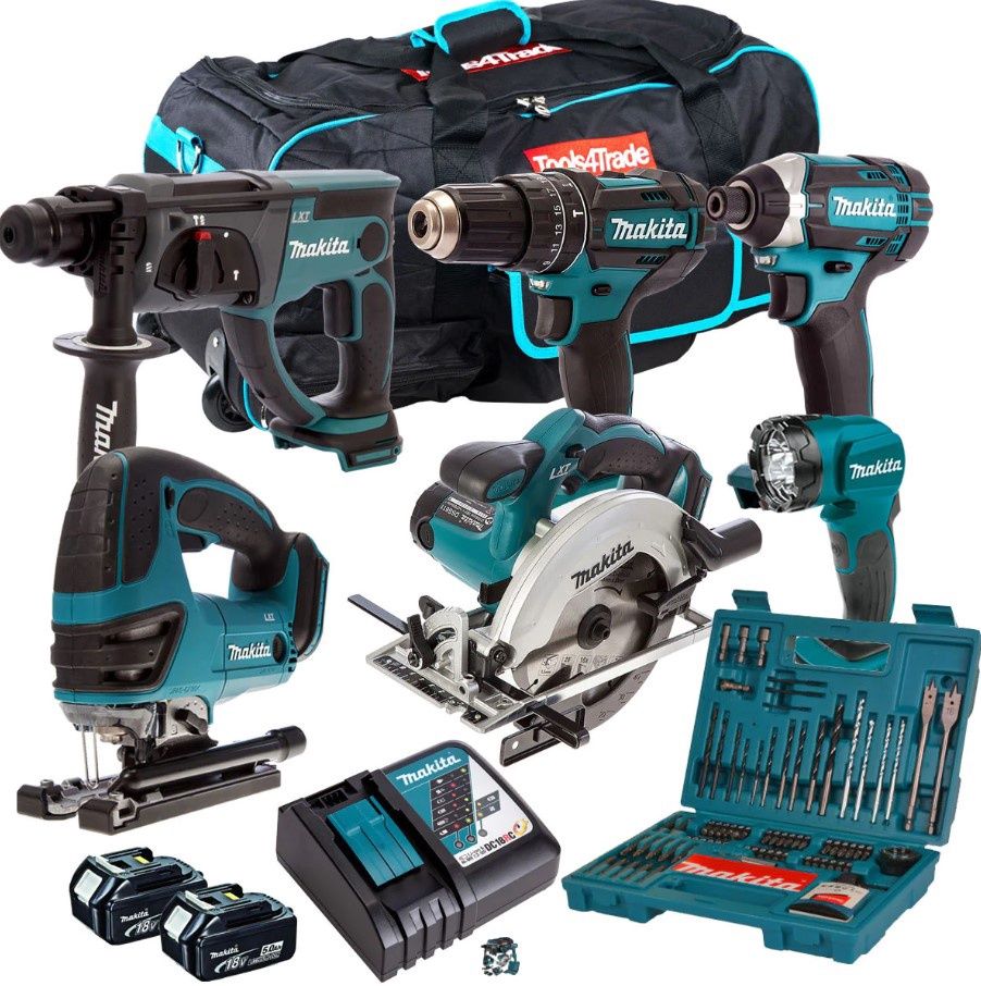 Makita 18V 6 Piece Combo Kit with 2 x 5.0Ah Batteries & 100 Piece Bit Set T4TKIT-192