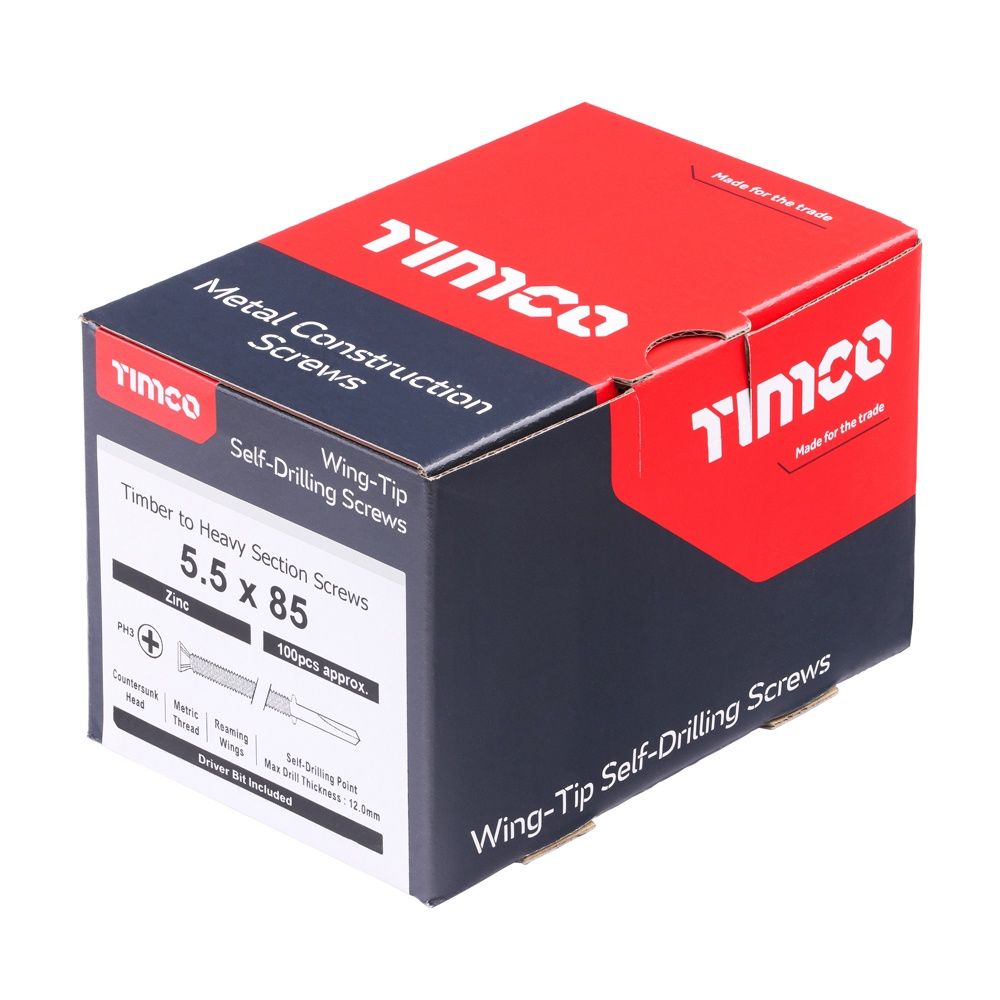 Timco Metal Construction Timber to Heavy Section Screws - Countersunk - Wing-Tip - Self-Drilling - Zinc 5.5 x 85
