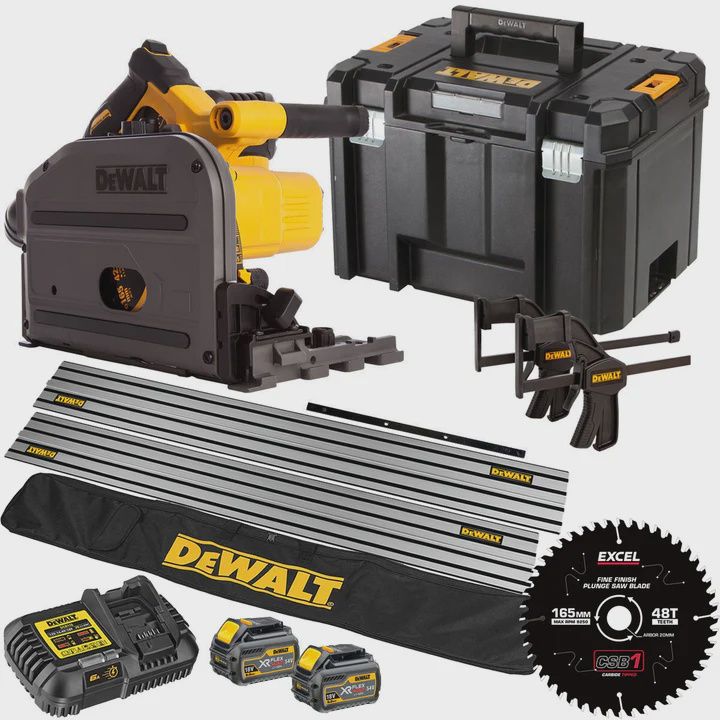 Dewalt DCS520T2 54V Flexvolt Brushless 165mm Plunge Saw 2 x 6.0Ah Battery Charger Case, Accessories with Blade