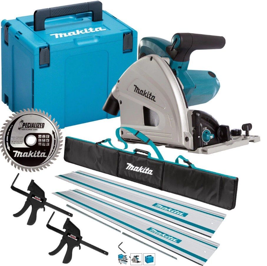 Makita SP6000J2 165mm Plunge Saw 240V with 2x1.5m Guide Rail+Clamp+Bag+Blade