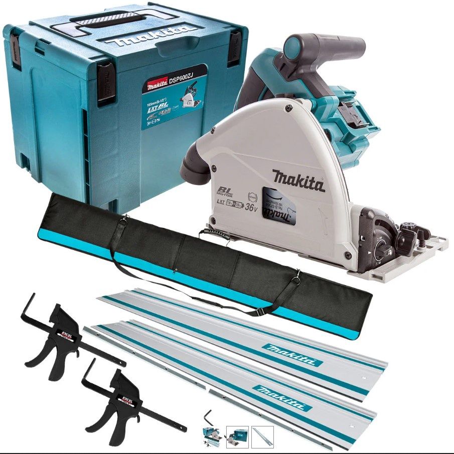 Makita SP6000J2 240V 165mm Plunge Saw in Case with 2 x Guide Rail Connector Bar & Clamp
