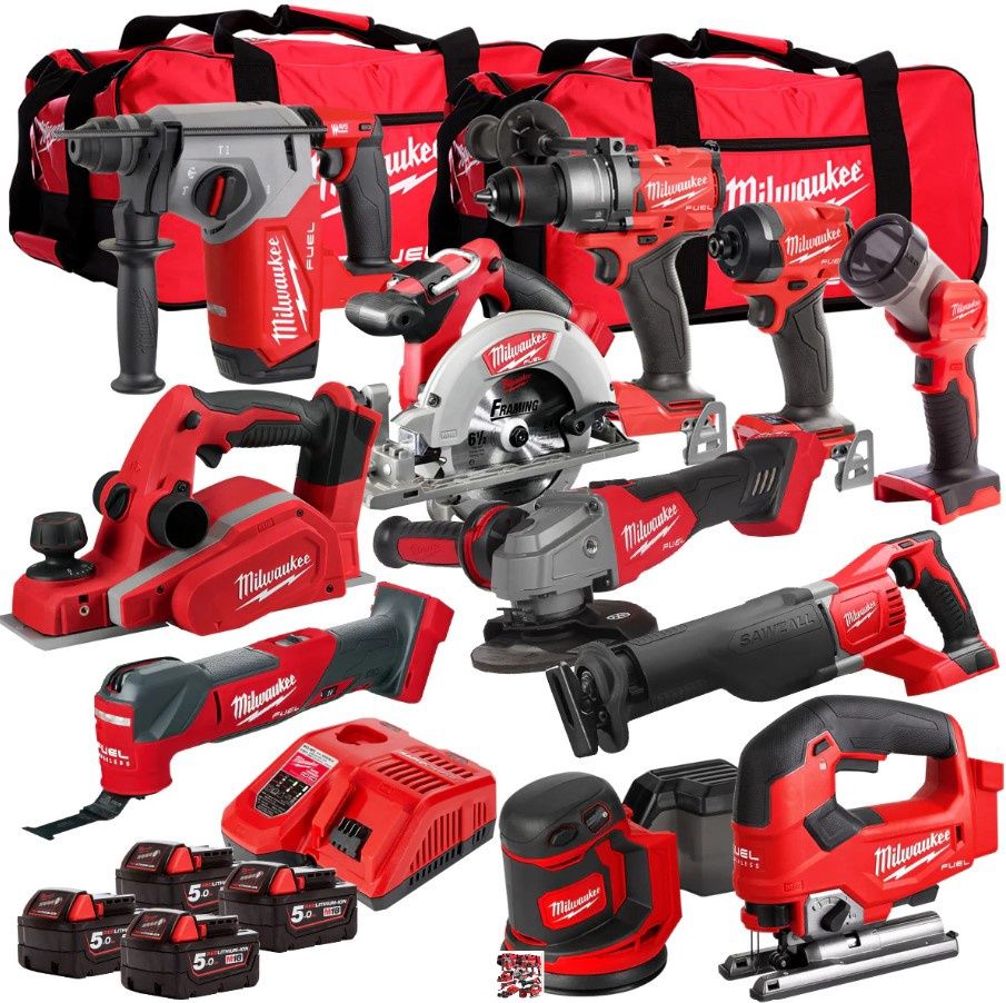 Milwaukee 18V Cordless 11 Piece Tool Kit with 4 x 5.0Ah Batteries & Charger in Bag T4TM-9