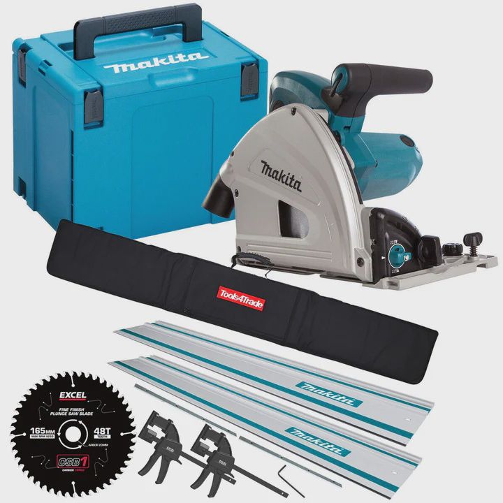 Makita SP6000J2 240V 165mm Plunge Saw in Case + 2 x Guide Rail Connector Bar with Blade & Clamp