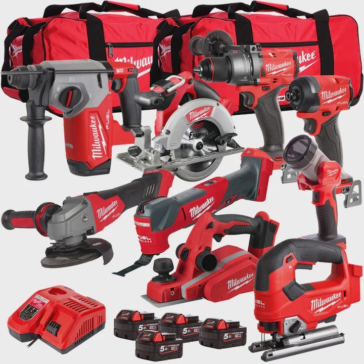 Milwaukee 18V Cordless 9 Piece Tool Kit with 4 x 5.0Ah Batteries & Charger in Bag T4TM-5
