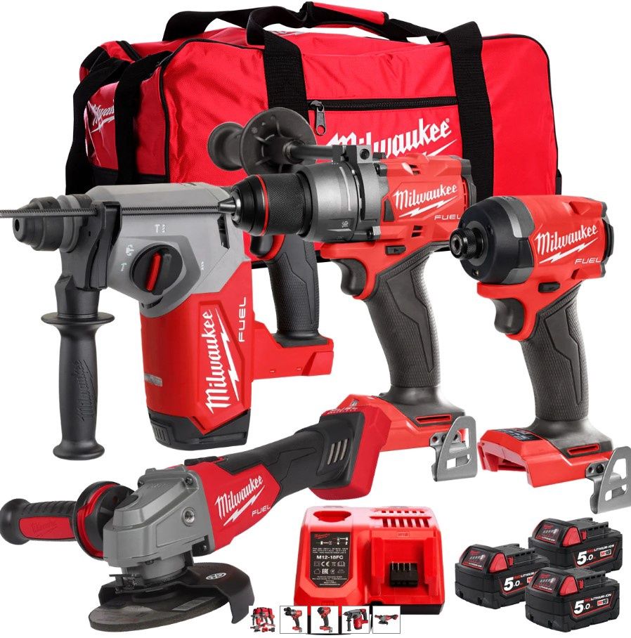 Milwaukee M18 FPP4Z-503B 18V 4 Piece Power Tool Kit With 3 x 5.0Ah Batteries Charger & Bag