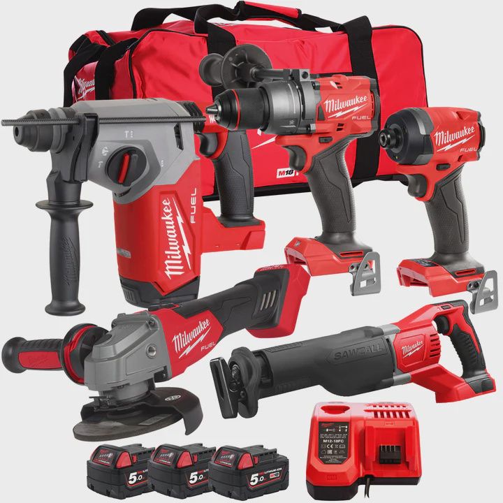 Milwaukee 18V Cordless 5 Piece Tool Kit with 3 x 5.0Ah Batteries & Charger in Bag T4TM-16