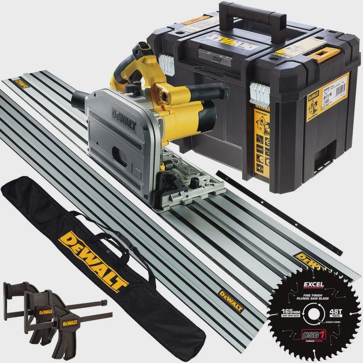 Dewalt DWS520KT 240V Plunge Saw + 2 x 1.5m Guide Rails Connector Clamps with Blade & Bag