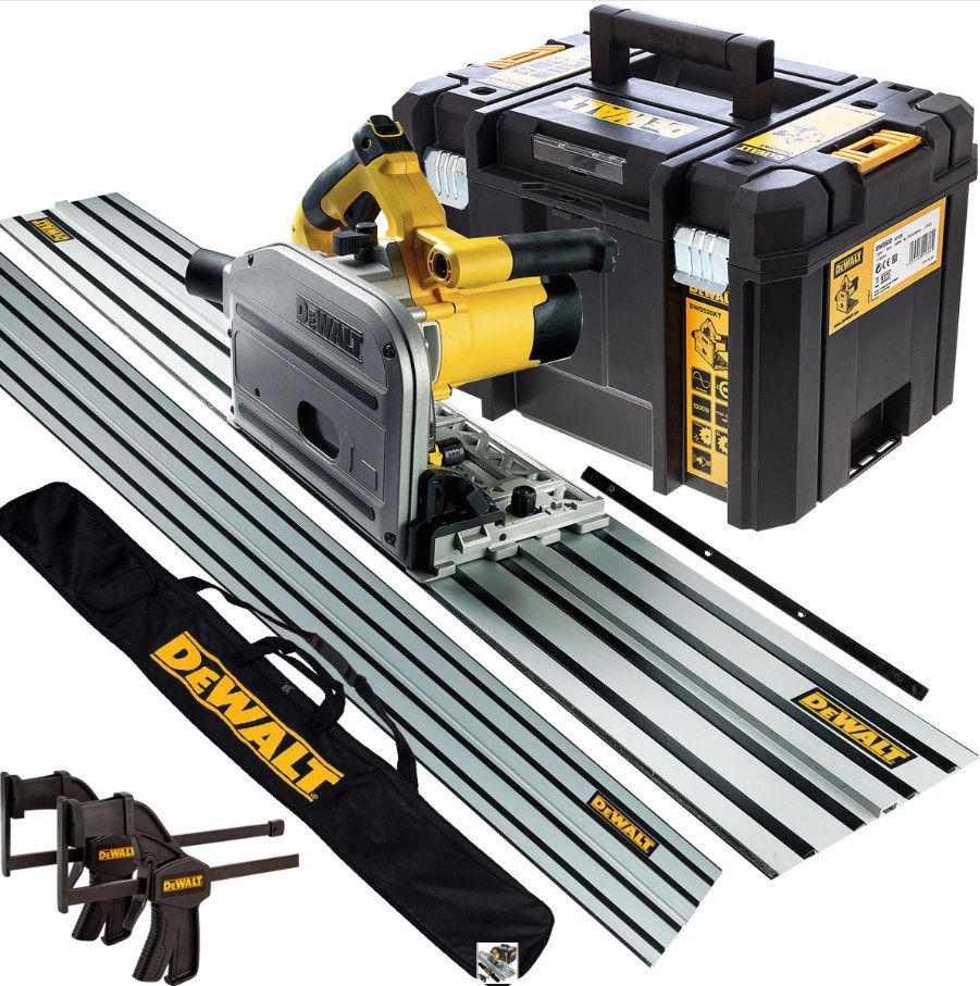 Dewalt DWS520KT 240V Plunge Saw with 2 x 1.5m Guide Rails Connector Clamps & Bag