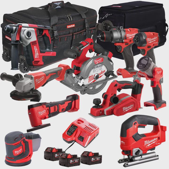 Milwaukee 18V Cordless 10 Piece Tool Kit with 3 x 5.0Ah Batteries & Charger in Bag T4TKIT-505