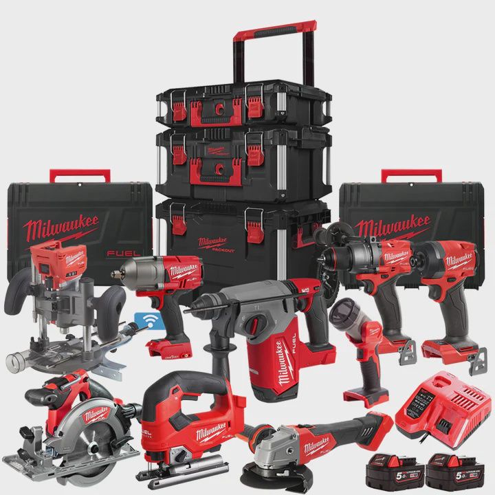 Milwaukee 18V Fuel Brushless 9 Piece Power Tool Kit With 2 x 5.0Ah Battery Charger & Trolley Toolbox