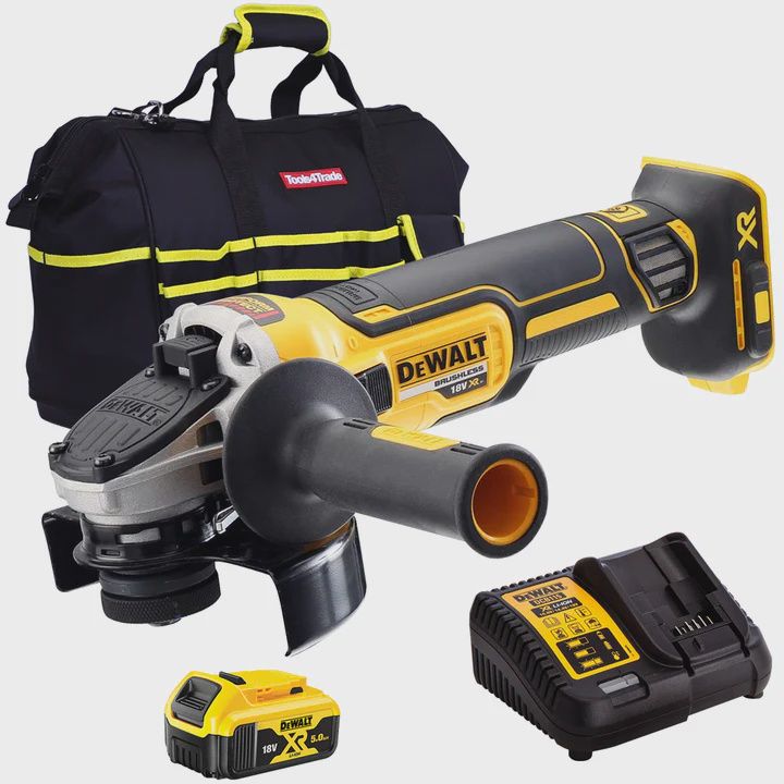 Dewalt DCG405N 18V Brushless 125mm Angle Grinder with 1 x 5.0Ah Battery Charger & Bag