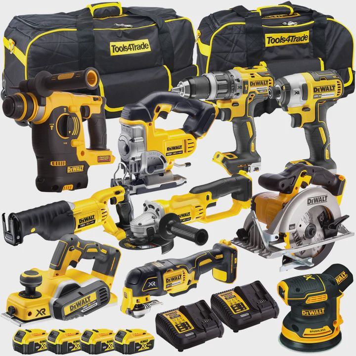 Dewalt 18V 10 Piece Power Tool Kit with 4 x 5.0Ah Battery + 2 x Charger & 2 x Tool Bag T4TKIT-12845