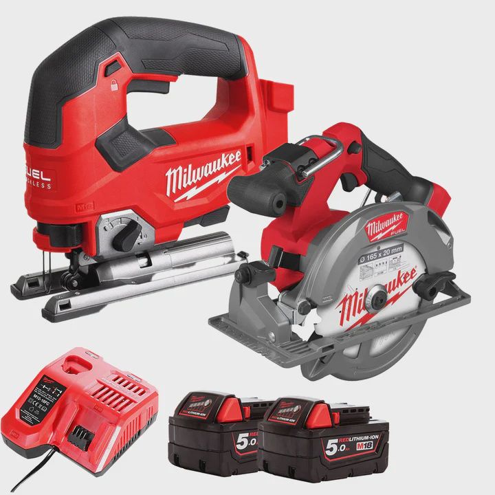 Milwaukee 18V Twin Pack Brushless 165mm Circular Saw + Jigsaw with 2 x 5.0Ah Battery & Charger