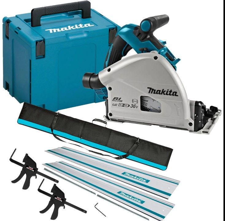 Makita DSP601ZJU 36V Brushless AWS Plunge Saw + 2 x Guide Rail, Connector & Clamp Set