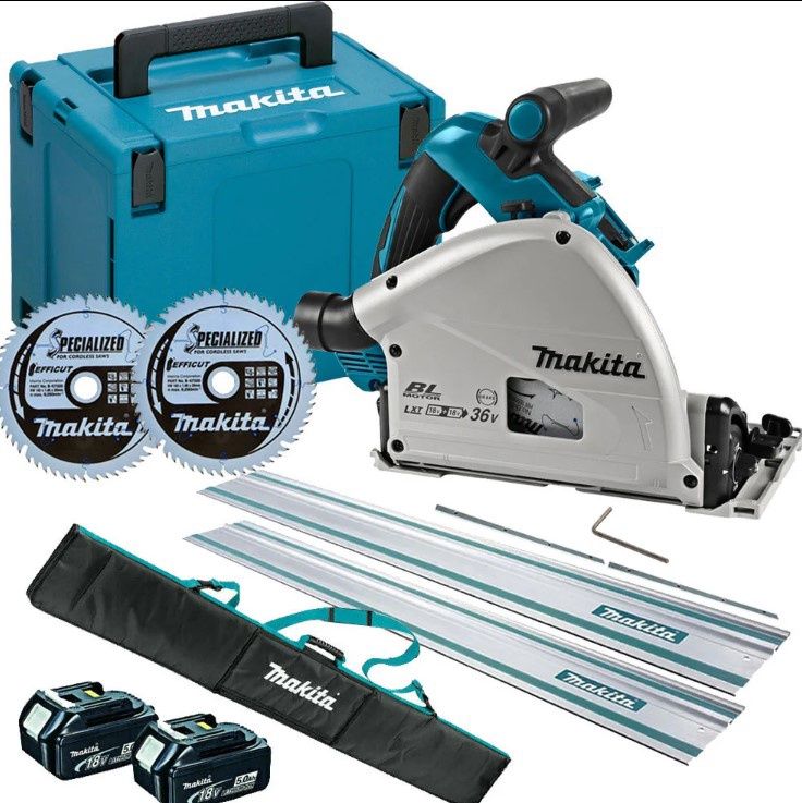 Makita DSP601ZJU 36V 165mm Brushless AWS Plunge Saw 2 x 5.0Ah &amp; Accessories